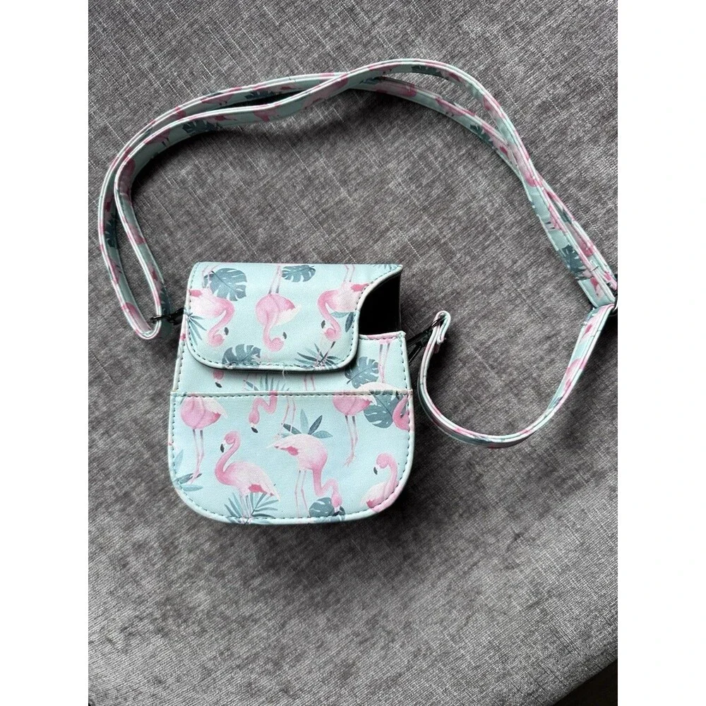 Flamingo Print Light Blue Padded Fujifilm Instax Mini Camera Case with Strap